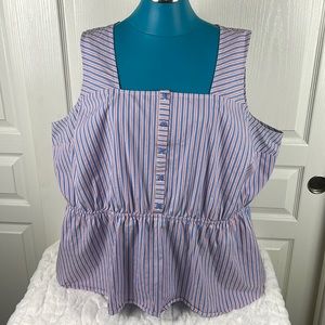 New Lane Bryant Blue White and Red Striped No Peek Button Front Peplum Top